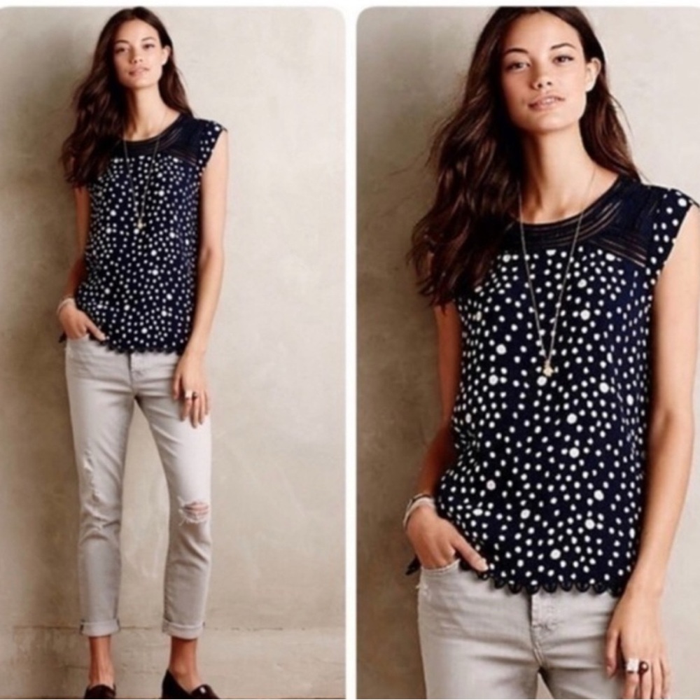 Meadow rue xs navy polka dot Anthropologie top